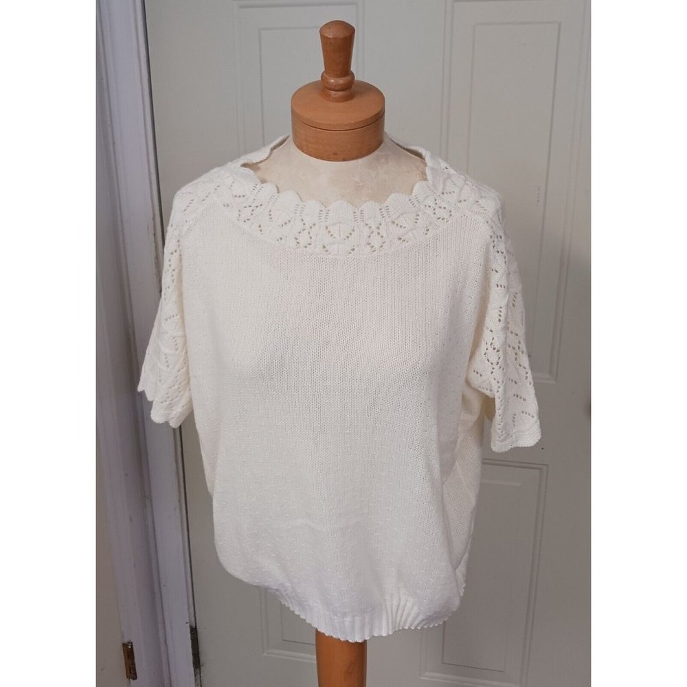 Haband Women's Short Sleeve White Knitted Shirt w Knitted Lace Neck/Sleeves GUC